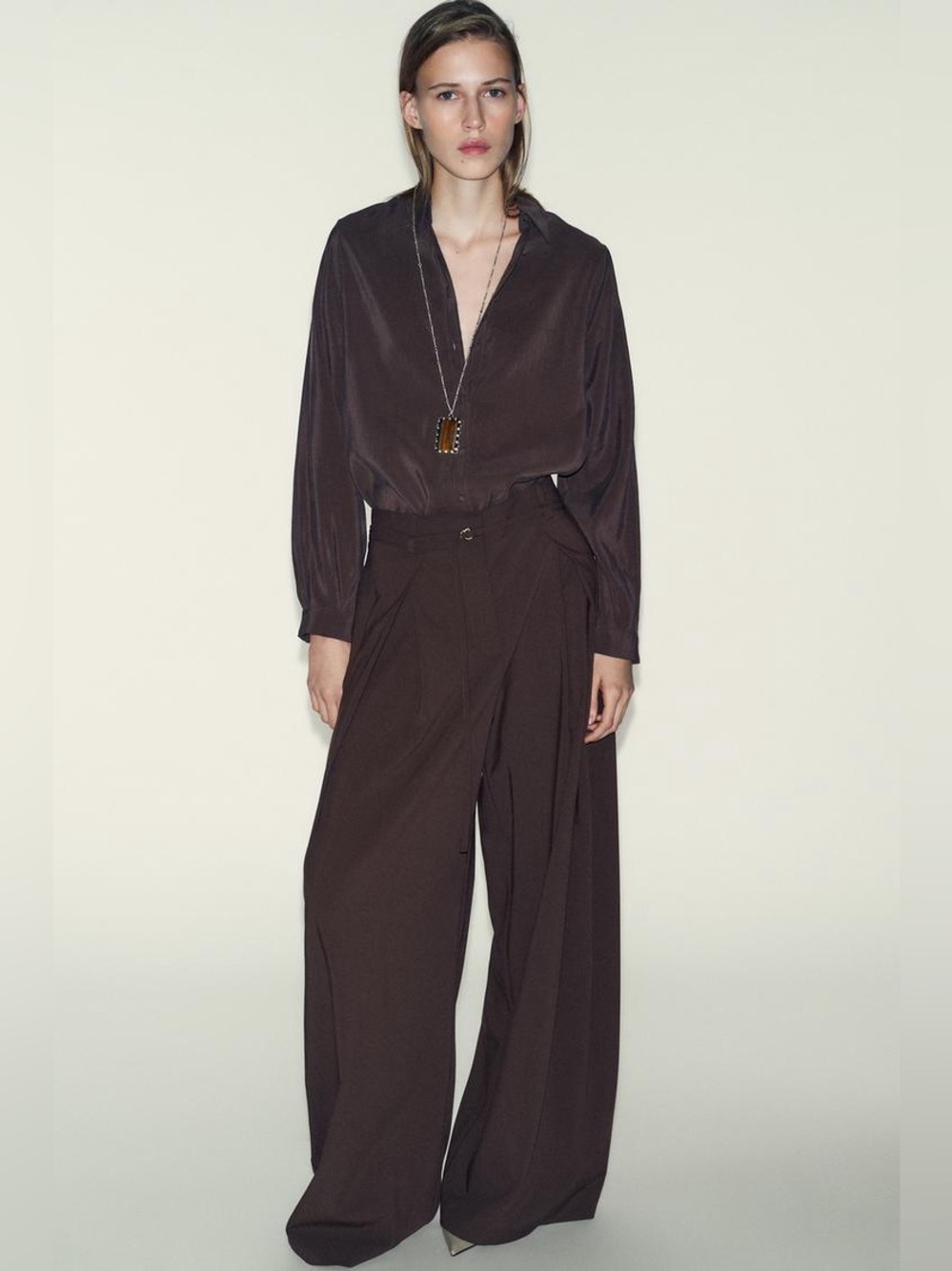 NWOT. Zara Brown Wide Leg High-Waisted Pants with Front Pleats. Size S.